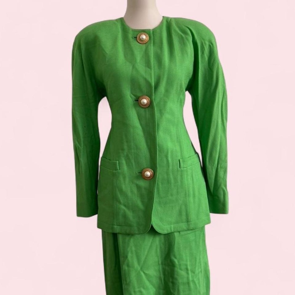 Vintage Bicci by Florine Wachter Kelly Green Skirt Suit Gold Pearl Buttons 14